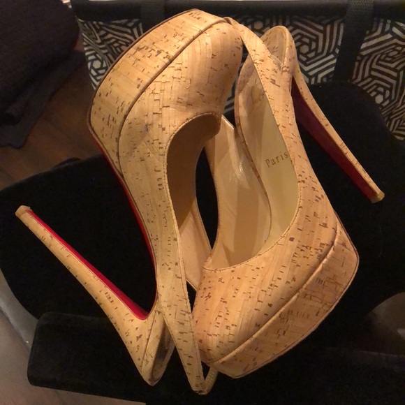 ❤️ Christian Louboutin Stiletto Red soles platform cork, stretch strap heels - Picture 2 of 12